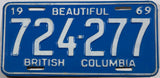A classic 1969 British Columbia Canadian car license plate in excellent minus condition