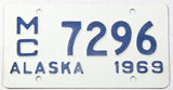 A classic 1969 Alaska motorcycle license plate for sale at Brandywine General Store in near mint condition