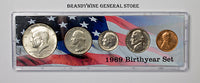 A 1969 Birth Year coin set which includes the 40% silver Kennedy Half Dollar, Washington Quarter, Roosevelt Dime, Jefferson Nickel and Lincoln Cent for sale by Brandywine General Store