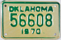 1970 Oklahoma Motorcycle License Plate Excellent MInus condition