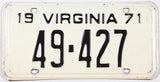 A classic 1971 Virginia car license plate in very good plus condition