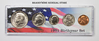 A 1971 Birth Year coin set which includes the Kennedy Half Dollar, Washington Quarter, Roosevelt Dime, Jefferson Nickel and Lincoln Cent for sale by Brandywine General Store