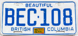 A classic 1972 British Columbia passenger car license plate in very good plus condition