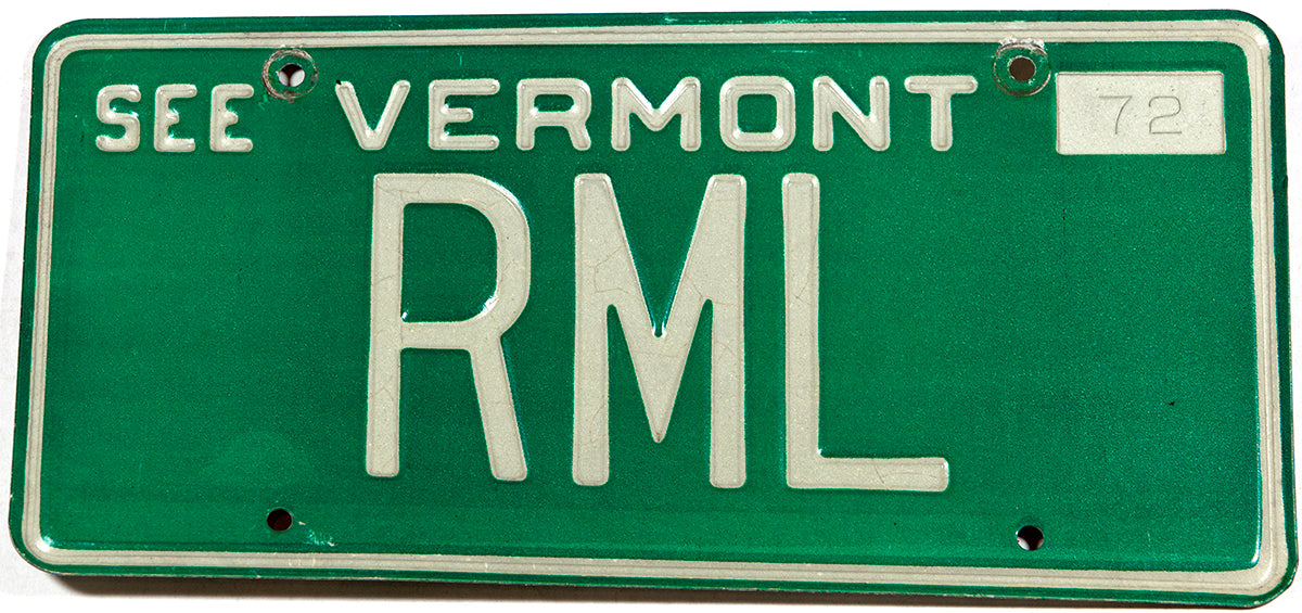 A 1972 personalized Vermont license plate with the intials RML in very good plus condition