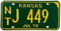 1973 Kansas car license plate in excellent condition and with original wrapper
