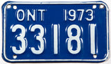 A 1973 Ontario Canada motorcycle license plate in excellent minus condition with 2 extra holes