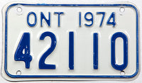 A 1974 Ontario Canada motorcycle license plate in excellent minus condition