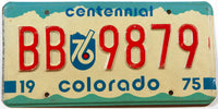 A 1975 Colorado centennial car license plate in very good plus condition