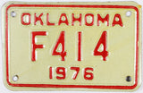 A vintage 1976 Oklahoma motorcycle license plate for sale by Brandywine General Store in excellent minus condition