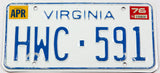 1976 Virginia single car license plate in very good condition