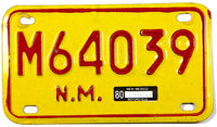 A 1980 New Mexico motorcycle license plate in excellent minus condition