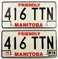 A classic pair of 1987 Manitoba passenger car license plates for sale at Brandywine General Store in very good plus condition