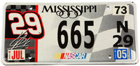 A graphic 2005 Mississippi Nascar license plate featuring Kevin Harvick and in excellent condition