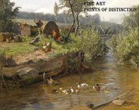 An archival premium Quality art Print of Duck Family on the River Weir painted by German Artist Carl Jutz in 1878 for sale by Brandywine General Store