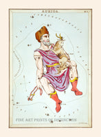 A premium Quality art Print of Auriga Constellation by Jehoshapat Aspin being Card #7 out of a set of 32 astronomical cards entitled Urania's Mirror for sale by Brandywine General Store