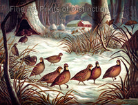 An archival print of Covey of Quail Walking in the Snow, it looks like they have a nest in the trunk of an old hollow tree for sale by Brandywine General Store
