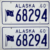 A pair of NOS 1960 Alaska Passenger Car License Plates for sale by Brandywine General Store in unused excellent plus condition