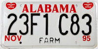 A classic unused 1995 Alabama Farm License Plate for sale by Brandywine General Store in excellent plus condition