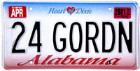 A 2001 vanity Alabama License Plate which is in unused Near Mint condition with DMV # 24 GORDN for sale by Brandywine General Store