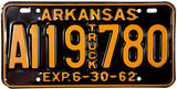 An antique 1962 Arkansas truck license plate for sale by Brandywine General Store in unused excellent condition