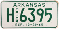 A classic unused 1965 Arkansas Truck License Plate for sale by Brandywine General Store in excellent minus condition
