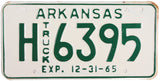 A classic unused 1965 Arkansas Truck License Plate for sale by Brandywine General Store in excellent minus condition
