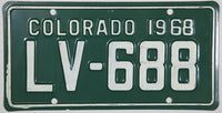 A classic 1968 Colorado motorcycle license plate for sale by Brandywine General Store in excellent condition