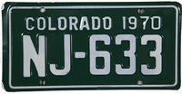 A classic 1970 Colorado motorcycle license plate for sale by Brandywine General Store in near mint condition with wrapper