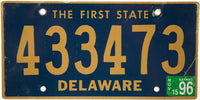 A 1996 Delaware Passenger Automobile License Plate for sale by Brandywine General Store in very good condition