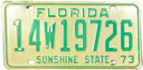 A 1973 Florida car license plate in unused excellent condition for sale at Brandywine General Store in very good plus condition