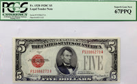 A series of 1928C Five Dollar Legal Tender Note FR #1528 certified by PCGS at Superb Gem New 67 PPQ for sale by Brandywine General Store