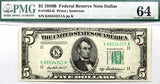 FR #1963-K series of 1950B FRN note from the Dallas Texas Federal Reserve Bank in the denomination of five dollars graded PMG 64