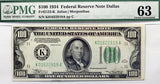 A series of 1934 Hundred Dollar FR #2152-K FRN note from the Federal Reserve Bank in Dallas Texas certified by PMG at 63 for sale by Brandywine General Store