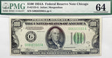 FR #2153-G Series of 1934 A FRN from the Chicago Illinois federal reserve bank in the denomination of one hundred dollars graded PMG 64 choice uncirculated