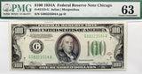 FR #2153-G Series of 1934 A FRN from the Chicago Illinois federal reserve bank in the denomination of one hundred dollars graded PMG 63 choice uncirculated