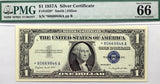 A Fr #1620* series 1957-A star note one dollar silver certificate professionally certified by PMG at 66 Gem Uncirculated with exceptional paper quality for sale by Brandywine General Store