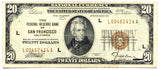 A FR #1870-L Series of 1929 San Fransisco Federal Reserve Bank note in the denomination of twenty dollars and will grade fine - very fine for sale by Brandywine General Store