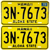 A pair of classic unused 1973 Hawaii passenger car license plates for sale by Brandywine General Store in near mint condition