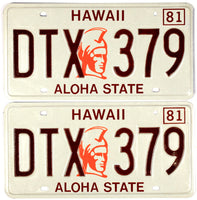 A pair of classic unused 1981 Hawaii Car License Plates for sale by Brandywine General Store in excellent condition