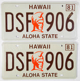 A pair of classic unused 1981 Hawaii Car License Plates for sale by Brandywine General Store in excellent minus condition