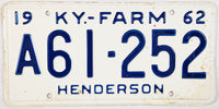 A classic 1962 NOS Kentucky Farm license plate for sale by Brandywine General Store from Henderson county