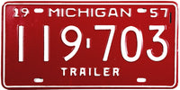 An Antique New Old Stock 1957 Michigan Trailer License Plate for sale by Brandywine General Store in excellent plus condition