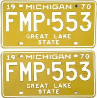 A pair of NOS 1970 Michigan passenger automobile license plates for sale by Brandywine General Store