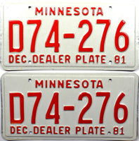 A pair of classic 1981 Minnesota Dealer License Plates for sale by Brandywine General Store