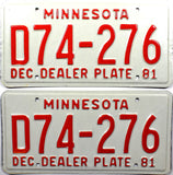A pair of classic 1981 Minnesota Dealer License Plates for sale by Brandywine General Store
