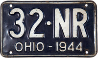 A 1944 Ohio passenger automobile WWII License Plate for sale by Brandywine General Store shortie tag in very good condition