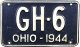 A 1944 Ohio passenger automobile WWII License Plate for sale by Brandywine General Store a shortie tag in very good condition
