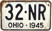 An antique 1945 Ohio Passenger Automobile License Plate for sale by Brandywine General Store a shortie tag in very good minus condition