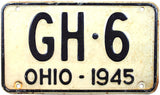 An antique 1945 Ohio Passenger Automobile License Plate for sale by Brandywine General Store a shortie tag in very good minus condition