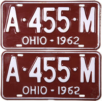 A pair of 1962 Ohio car license plates available for sale by Brandywine General Store in very good plus condition